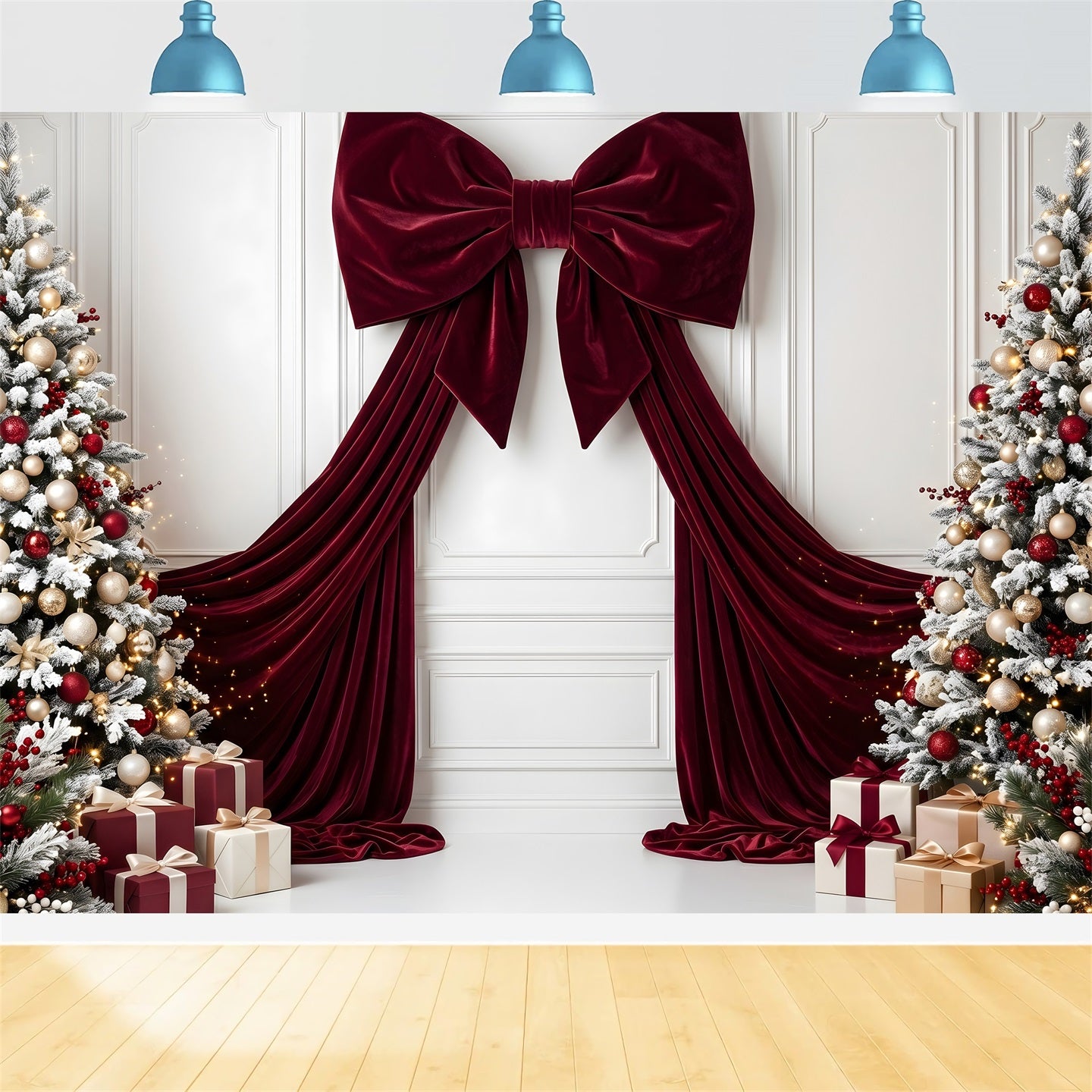 Christmas Backdrop Burgundy Velvet Bow Frosted Trees Christmas Backdrop For Photoshoot CEM65-113