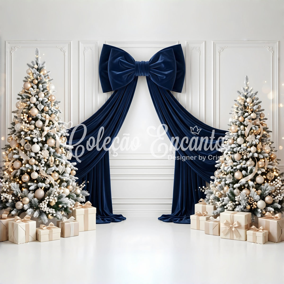 Christmas Themed Backdrops Navy Velvet Bow Frosted Trees Christmas Studio Backdrop CEM65-115