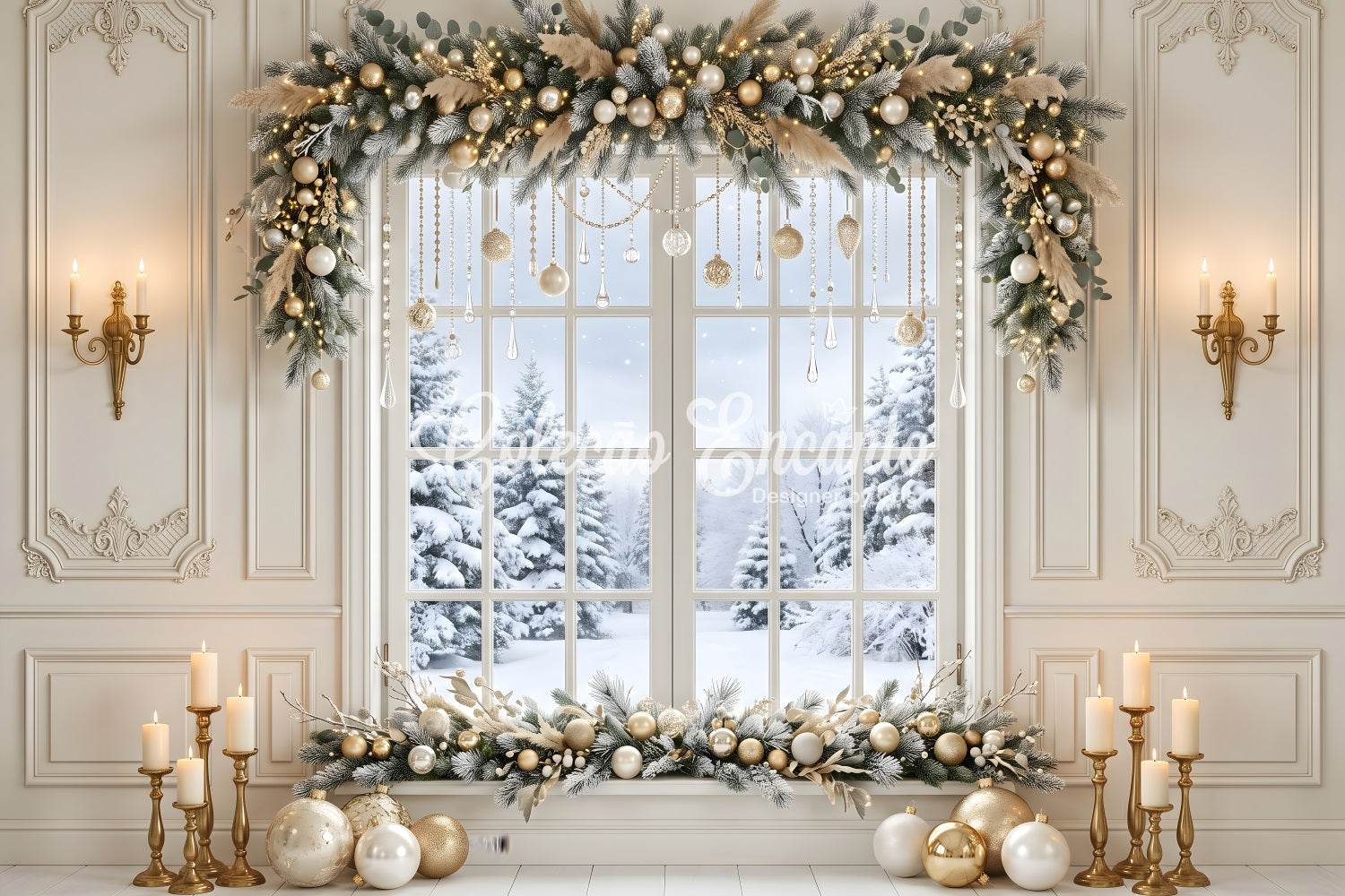 Large Christmas Backdrop Golden Crystal Winter Window Garland Christmas Backdrops CEM65-121