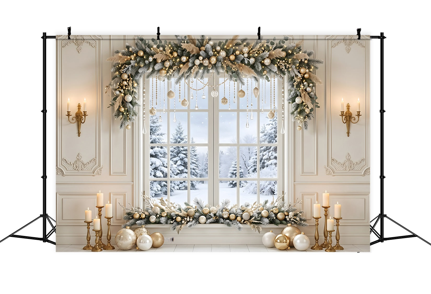 Large Christmas Backdrop Golden Crystal Winter Window Garland Christmas Backdrops CEM65-121