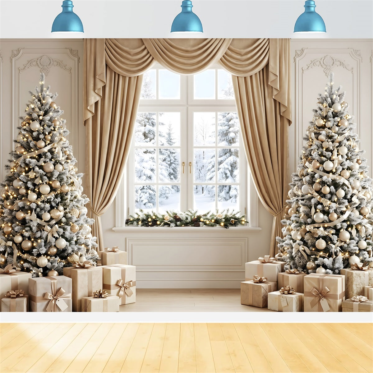 Christmas Window Backdrop Champagne Curtain Frosted Tree Window Christmas Photo Backdrop CEM65-122