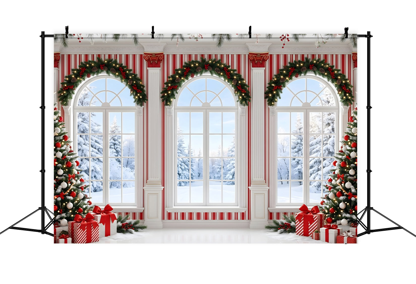 Christmas Photoshoot Backdrop Candy Stripe Winter Window Hall Christmas Backdrop For Photos CEM65-123