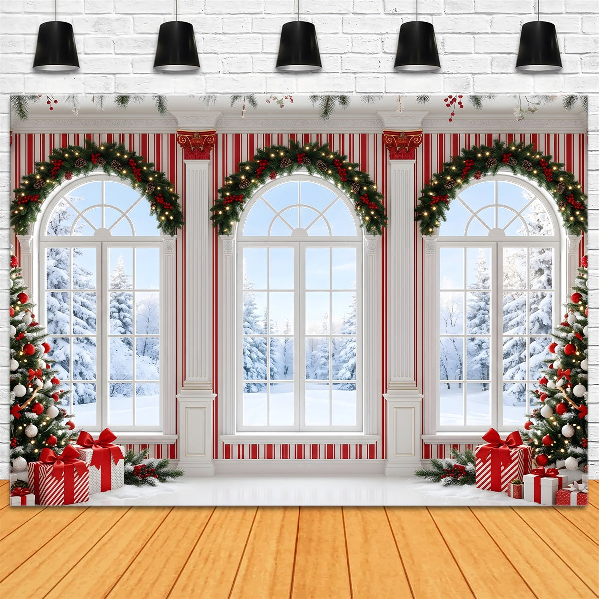 Christmas Photoshoot Backdrop Candy Stripe Winter Window Hall Christmas Backdrop For Photos CEM65-123