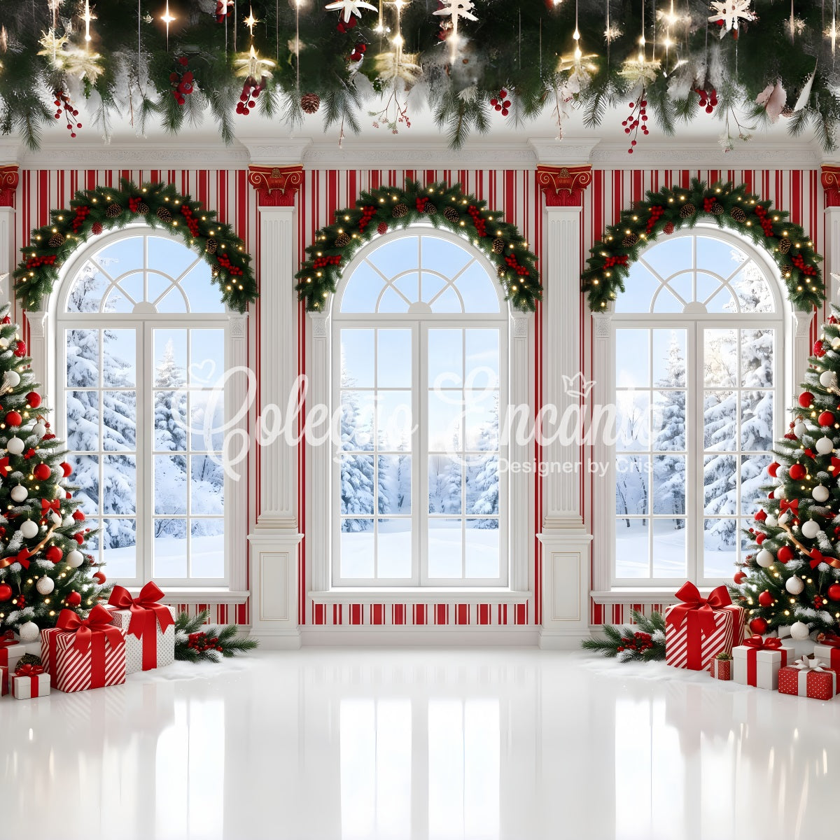 Christmas Photoshoot Backdrop Candy Stripe Winter Window Hall Christmas Backdrop For Photos CEM65-123