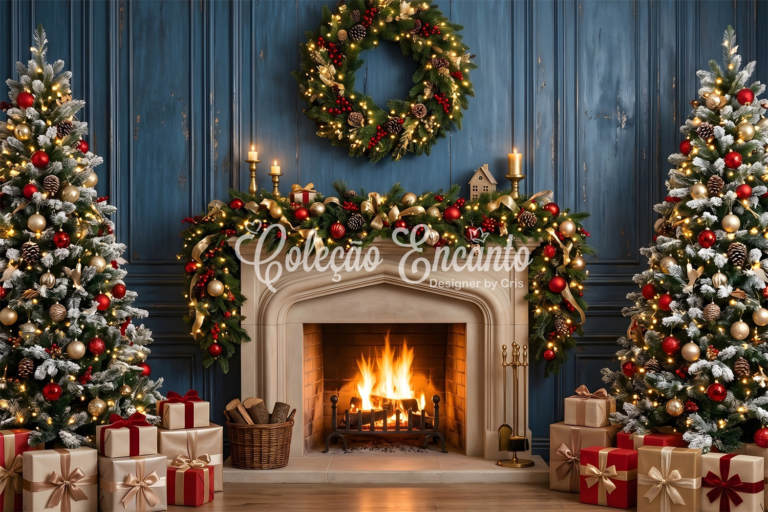 Blue Christmas Backdrop Blue Fireplace Wreath Christmas Trees Christmas Photo Backdrops CEM65-125