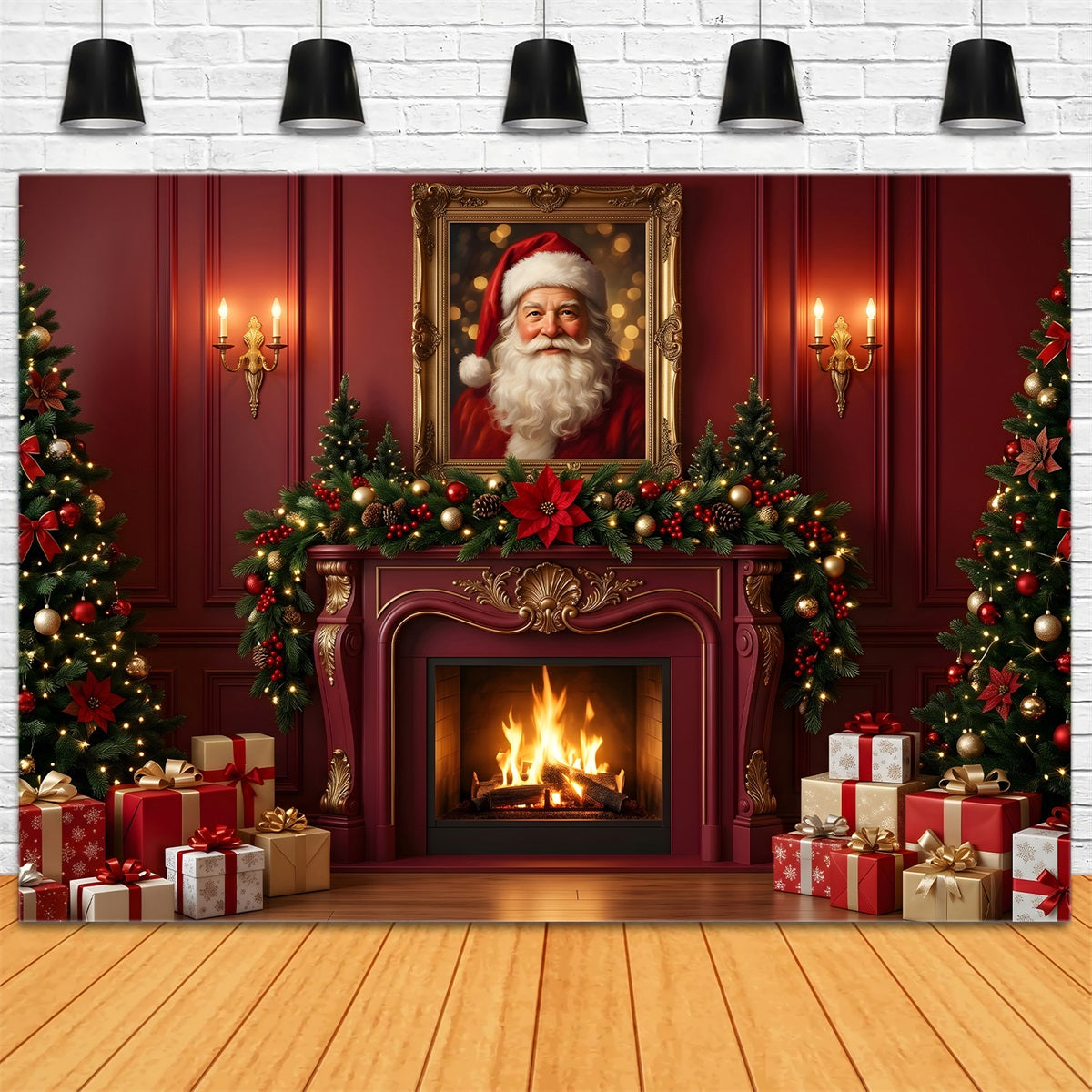 Christmas Backdrop Santa Portrait Red Fireplace Room Christmas Backdrops For Photos CEM65-126