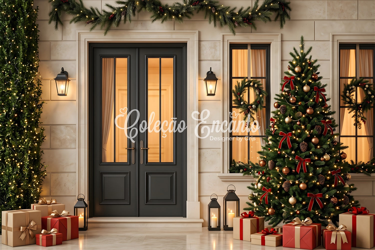 Christmas Tree Backdrop Black Door Lantern Christmas Porch Christmas Photography Backdrop CEM65-128