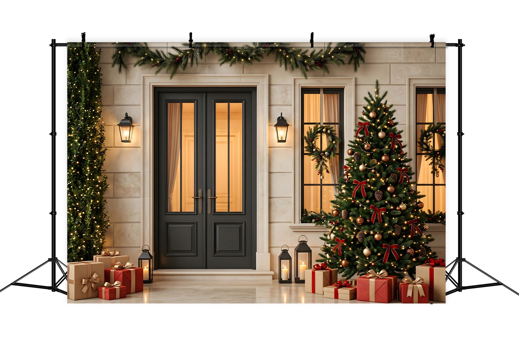 Christmas Tree Backdrop Black Door Lantern Christmas Porch Christmas Photography Backdrop CEM65-128