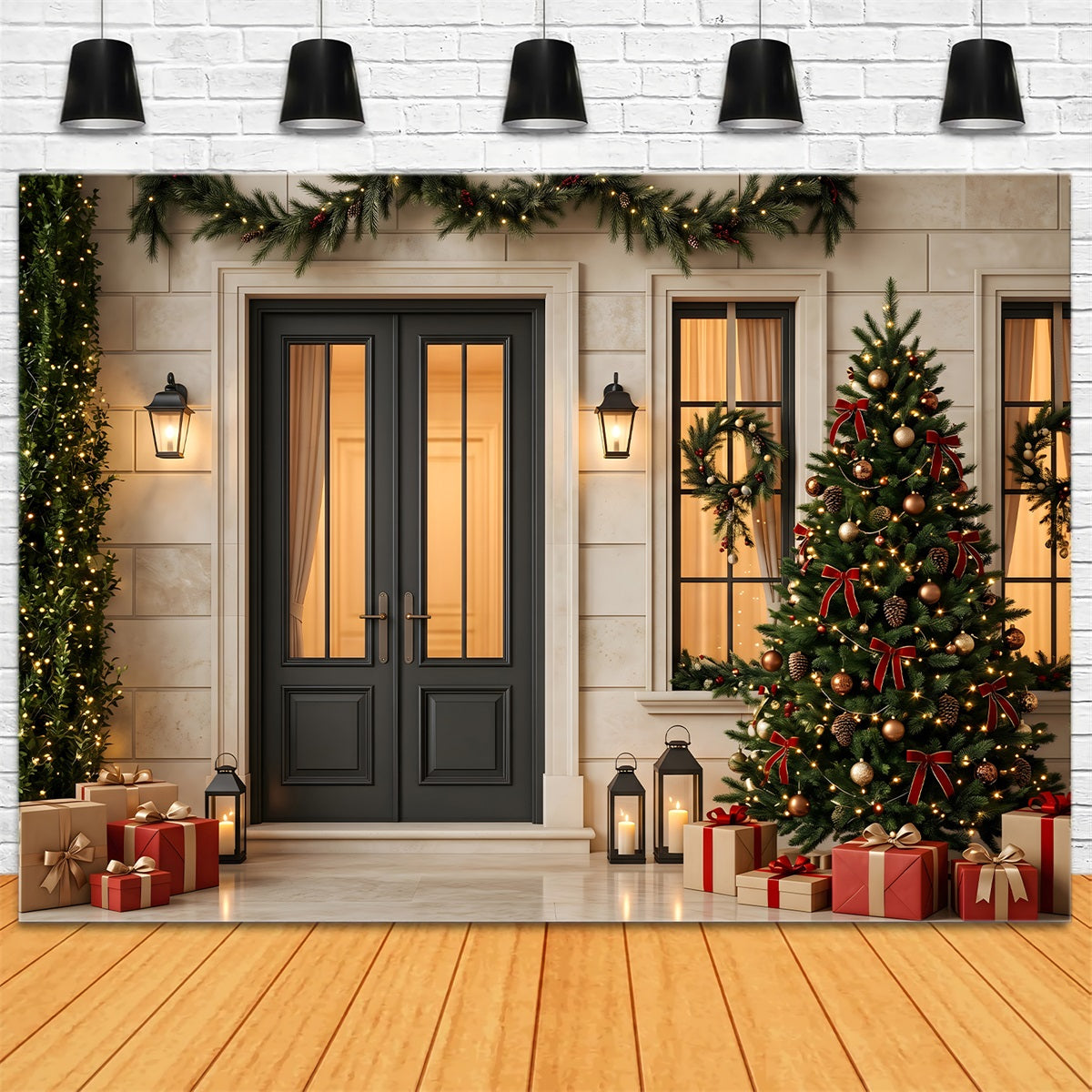 Christmas Tree Backdrop Black Door Lantern Christmas Porch Christmas Photography Backdrop CEM65-128