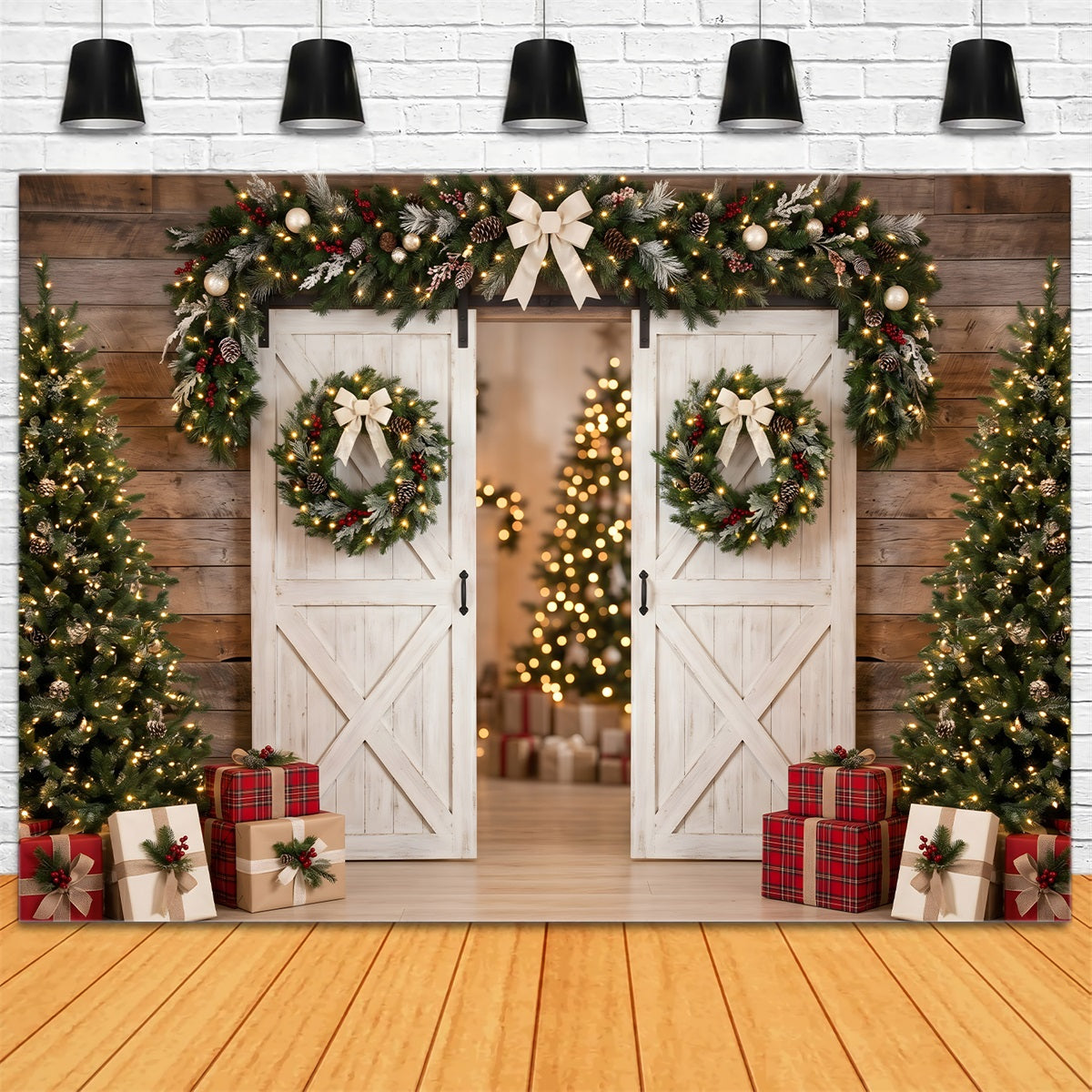 Christmas Backdrop Photo White Barn Door Wreath Trees Professional Christmas Backdrops CEM65-129