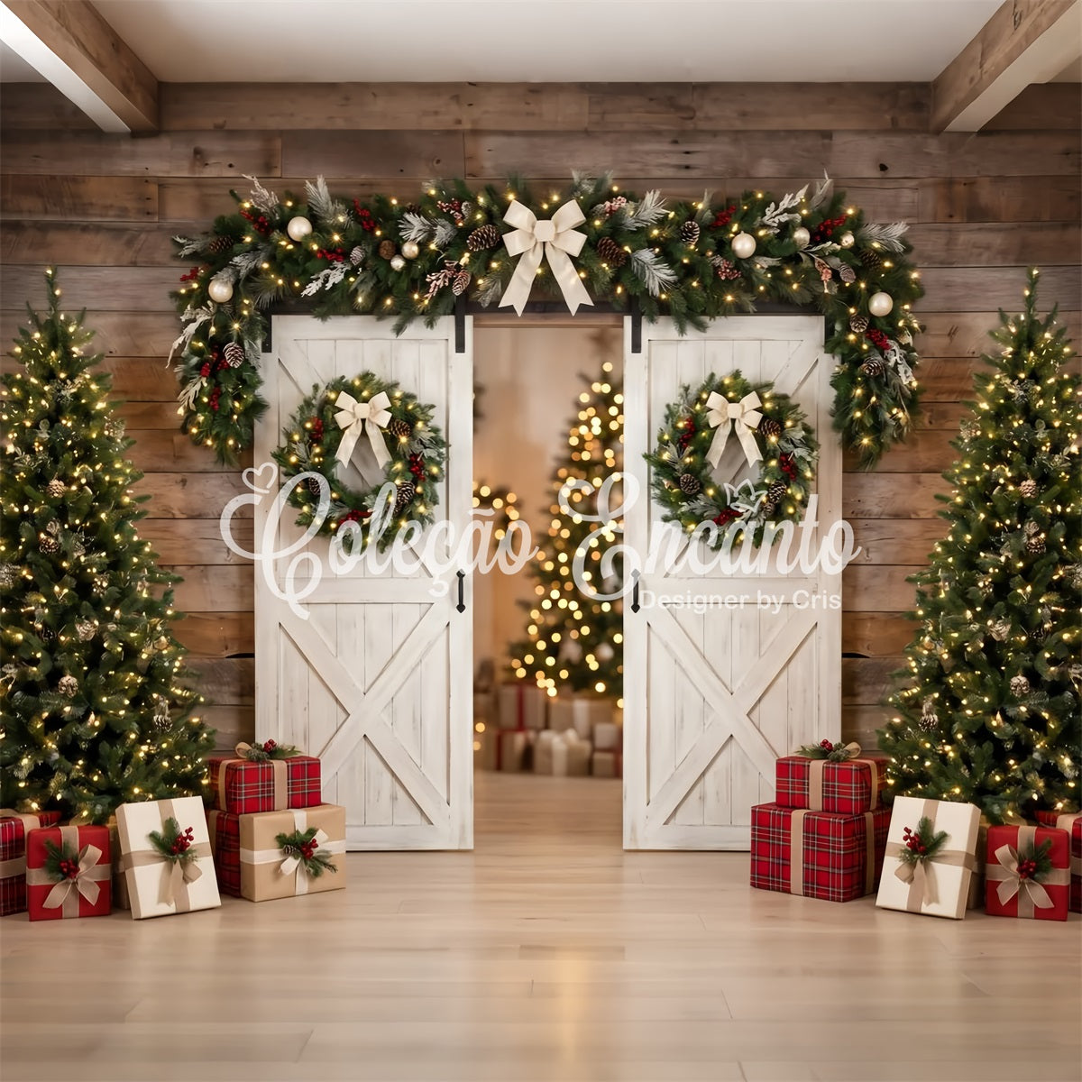 Christmas Backdrop Photo White Barn Door Wreath Trees Professional Christmas Backdrops CEM65-129