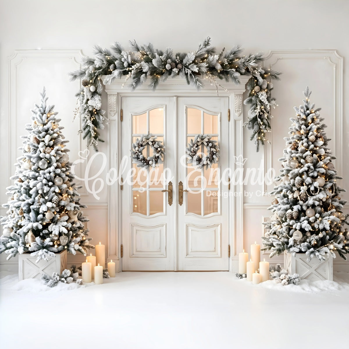 Christmas Backdrop Frosted White Door Wreath Trees Christmas Photo Booth Backdrop CEM65-134