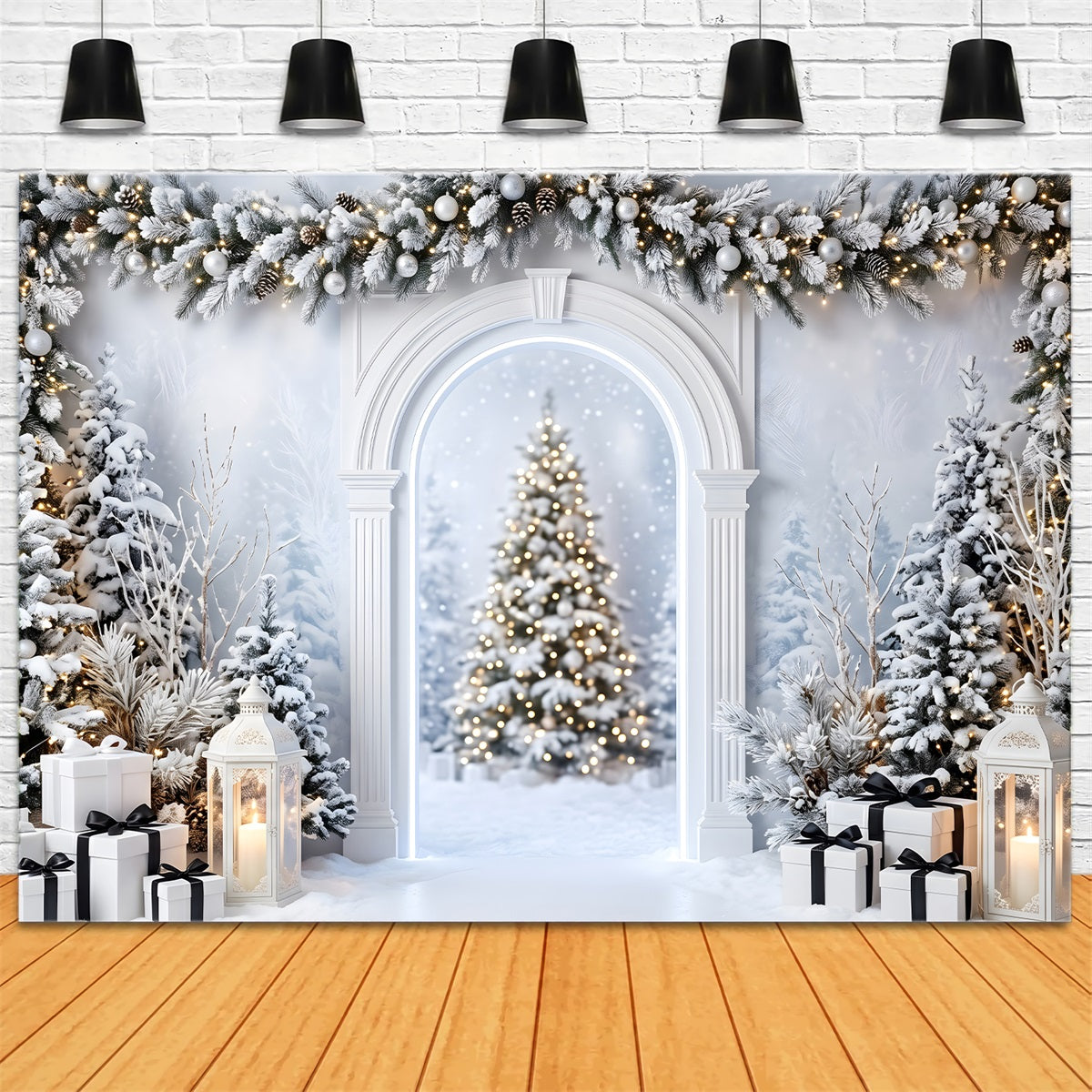 Christmas Studio Backdrop Snowy White Arch Lantern Gifts Photo Backdrop Christmas CEM65-135