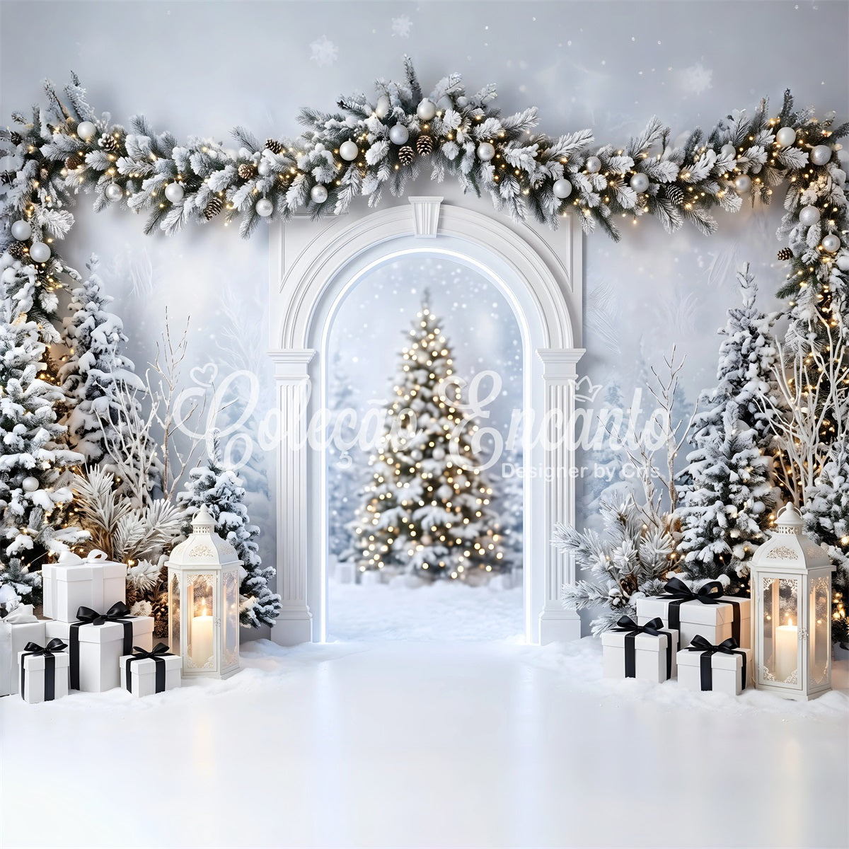Christmas Studio Backdrop Snowy White Arch Lantern Gifts Photo Backdrop Christmas CEM65-135
