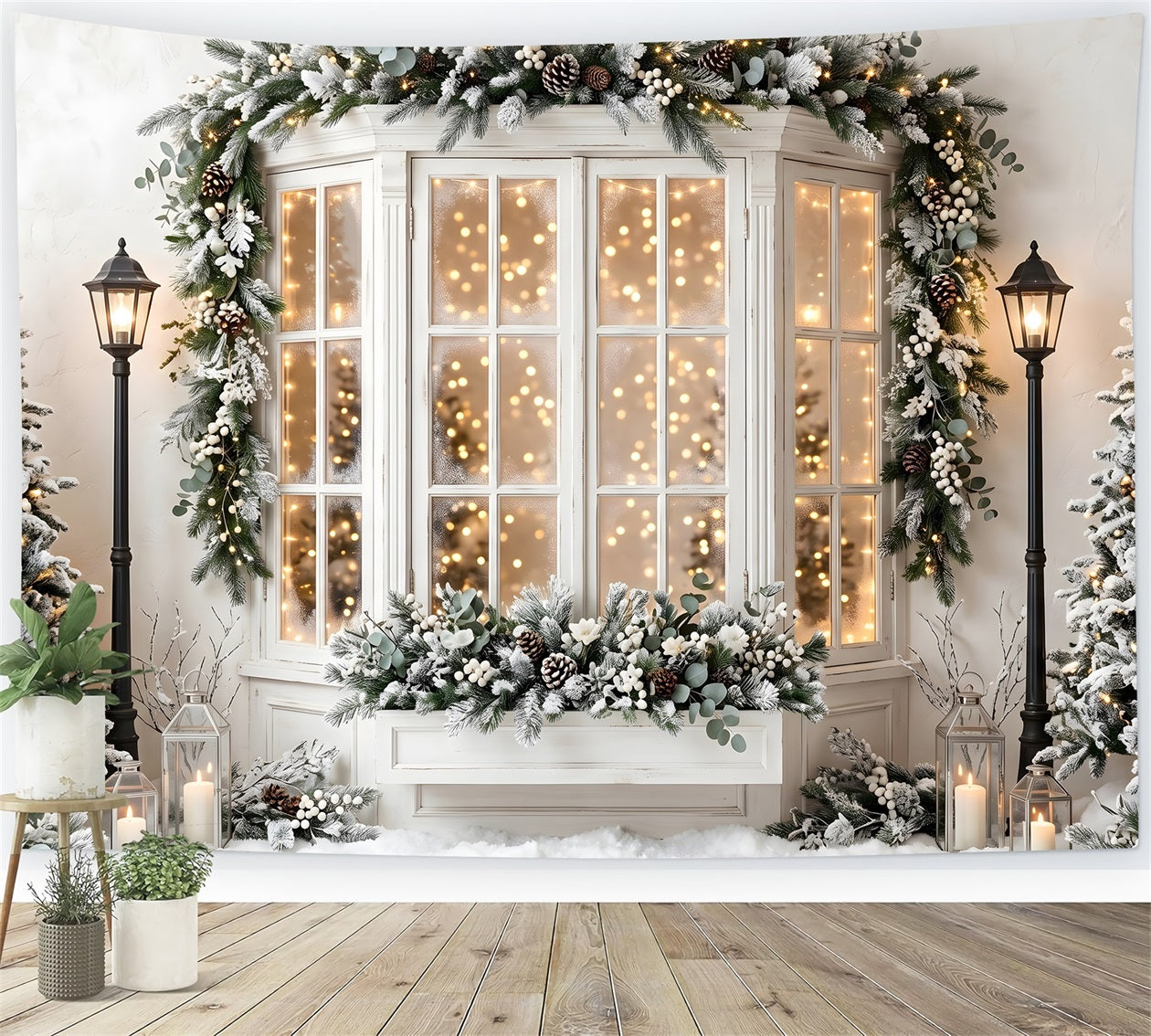 Christmas Backdrops For Pictures Frosted Bay Window Pine Lanterns Christmas Backdrop CEM65-138