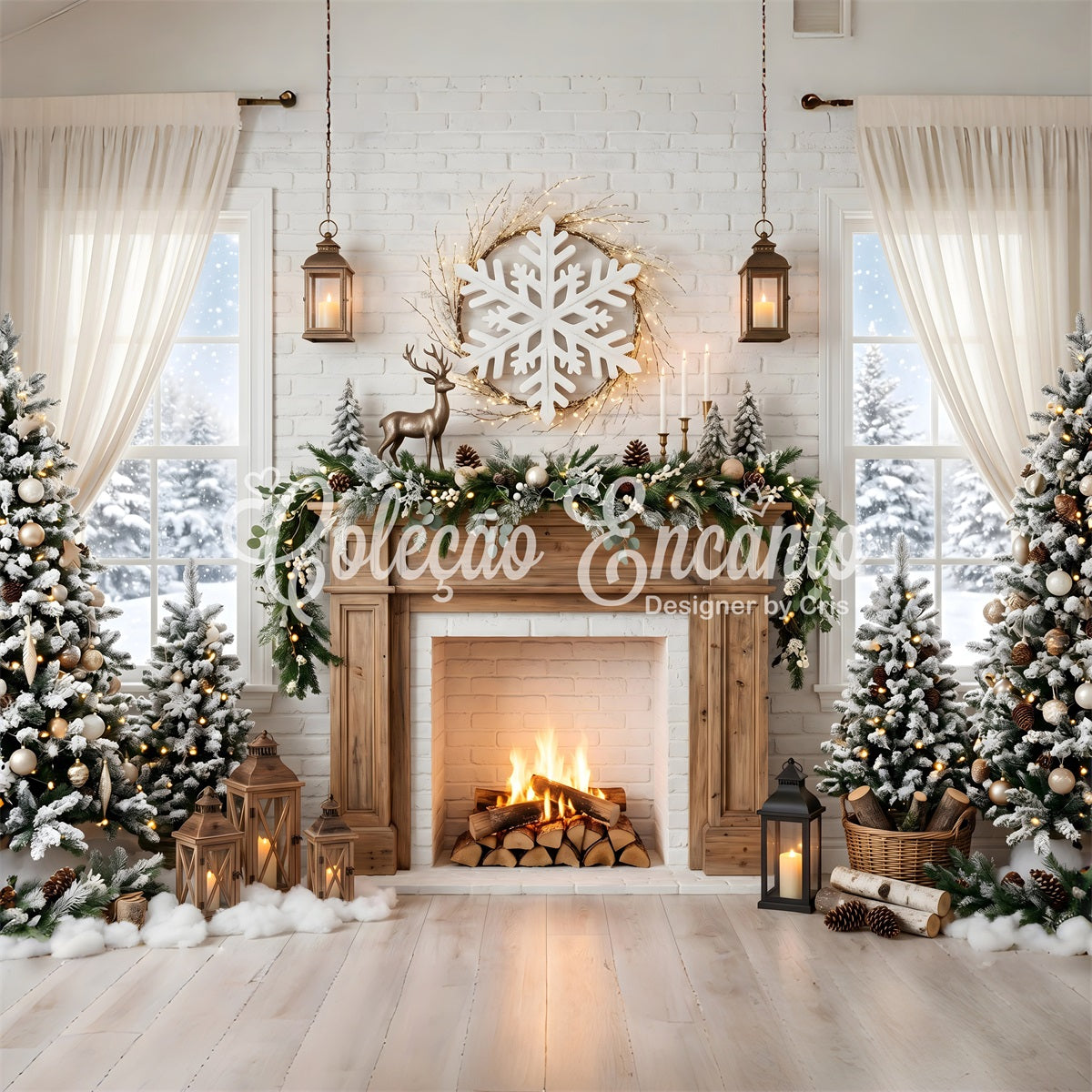 Christmas Backdrop Snowflake Deer Fireplace Pine Trees Christmas Photoshoot Backdrop CEM65-140