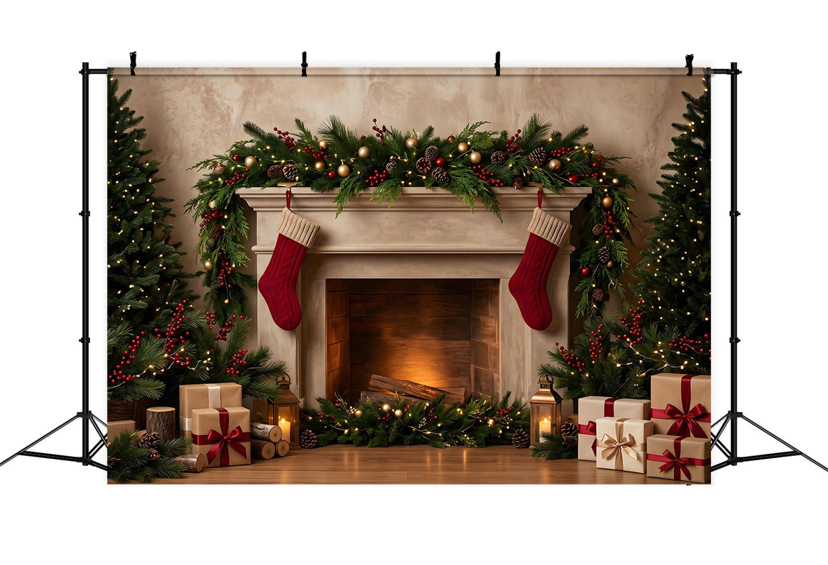 Christmas Fireplace Backdrop Cozy Stockings Garland Gifts Christmas Backdrop For Pictures CEM65-141