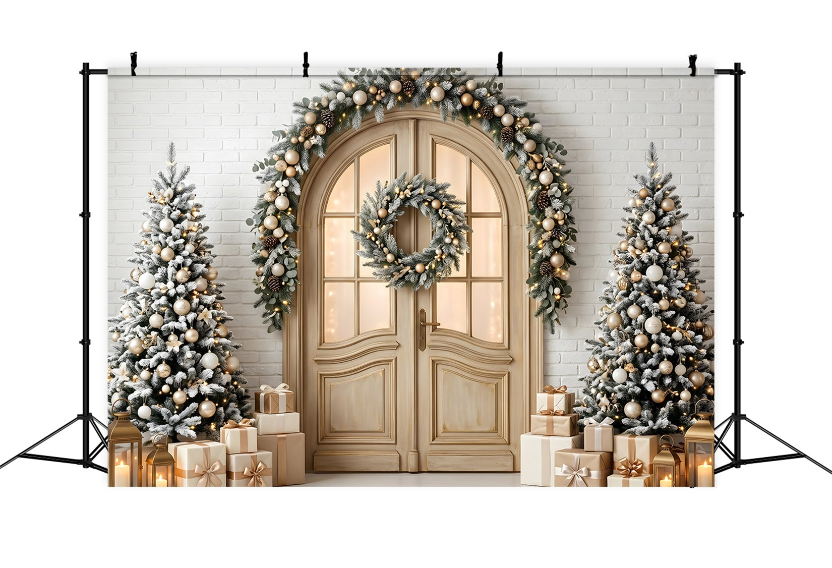 Studio Backdrops Christmas Backdrop Frosted Arched Door Wreath Trees Photo Booth Christmas Backdrop CEM65-142