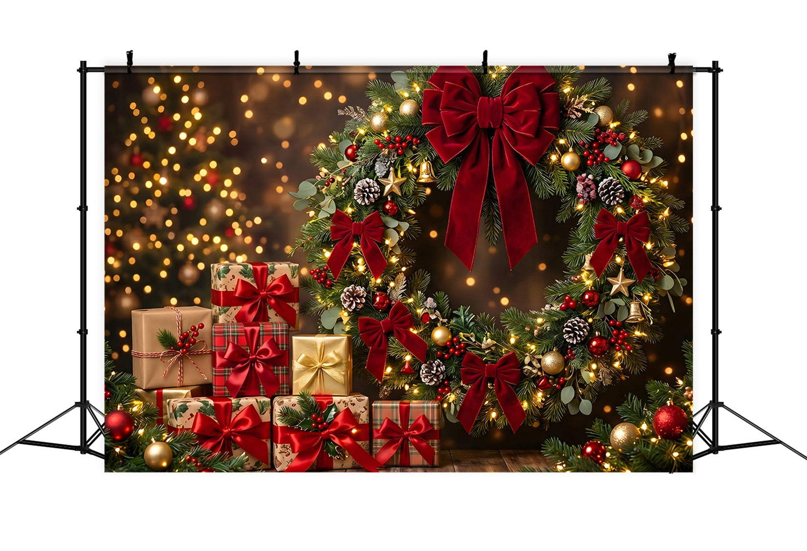 Photography Christmas Backdrop Red Bow Wreath Festive Gifts Christmas Backdrops For Pictures CEM65-143