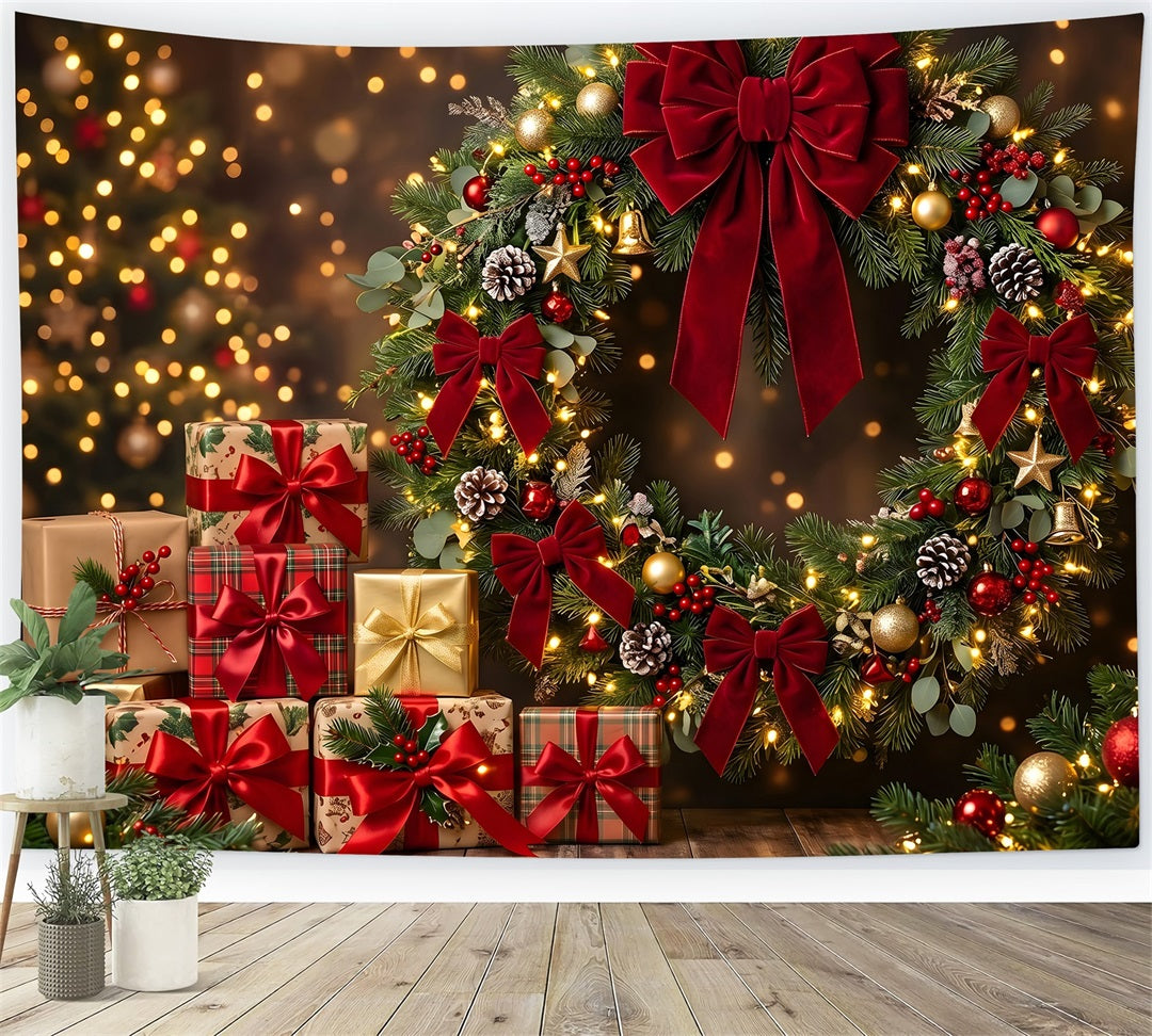Photography Christmas Backdrop Red Bow Wreath Festive Gifts Christmas Backdrops For Pictures CEM65-143