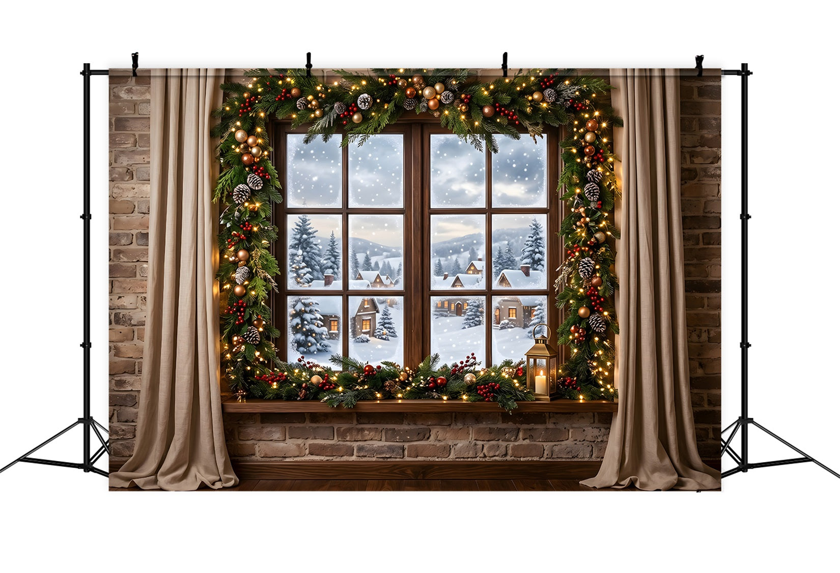 Christmas Snow Backdrop Snowy Village Window Garland Lantern Studio Backdrops Christmas Backdrop CEM65-144
