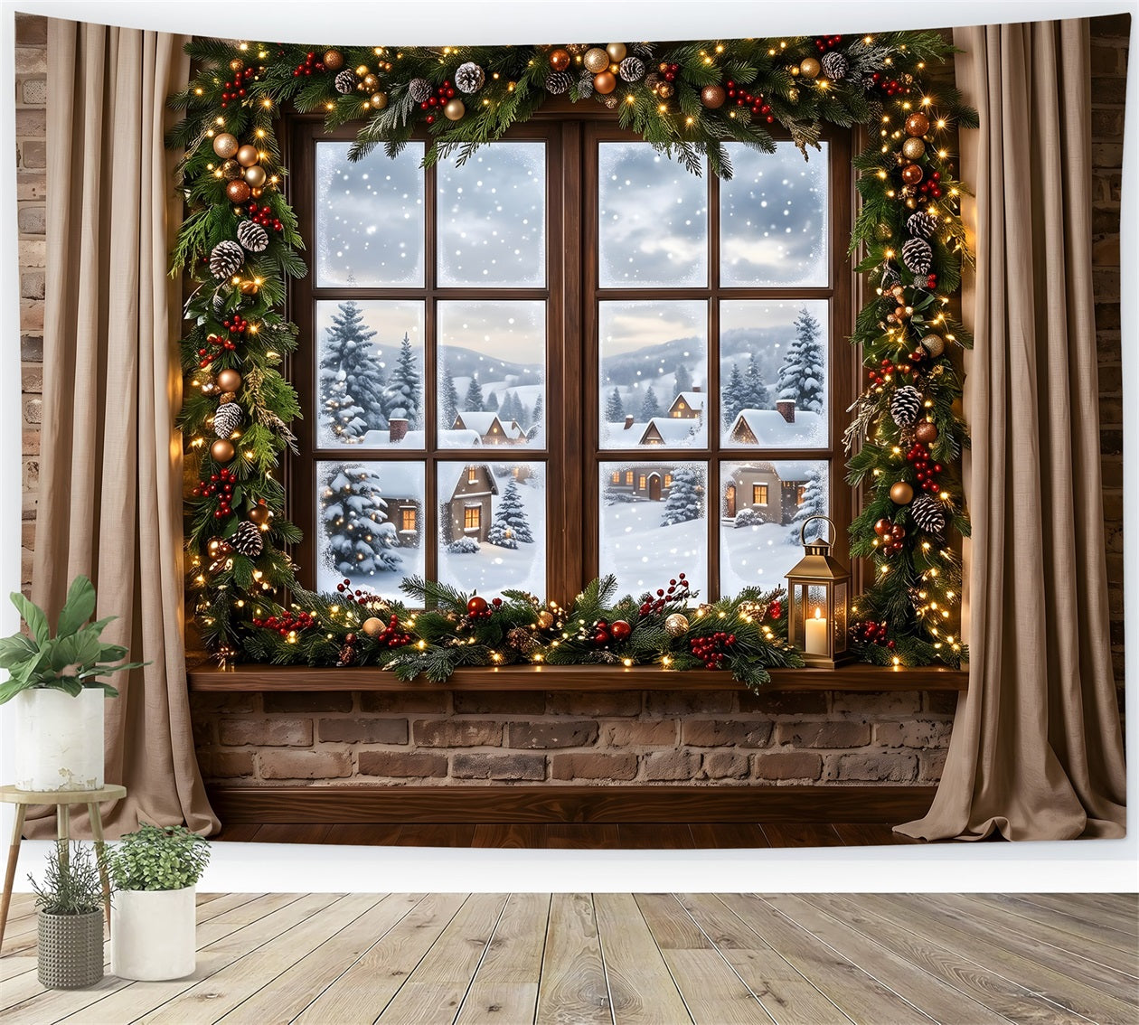 Christmas Snow Backdrop Snowy Village Window Garland Lantern Studio Backdrops Christmas Backdrop CEM65-144