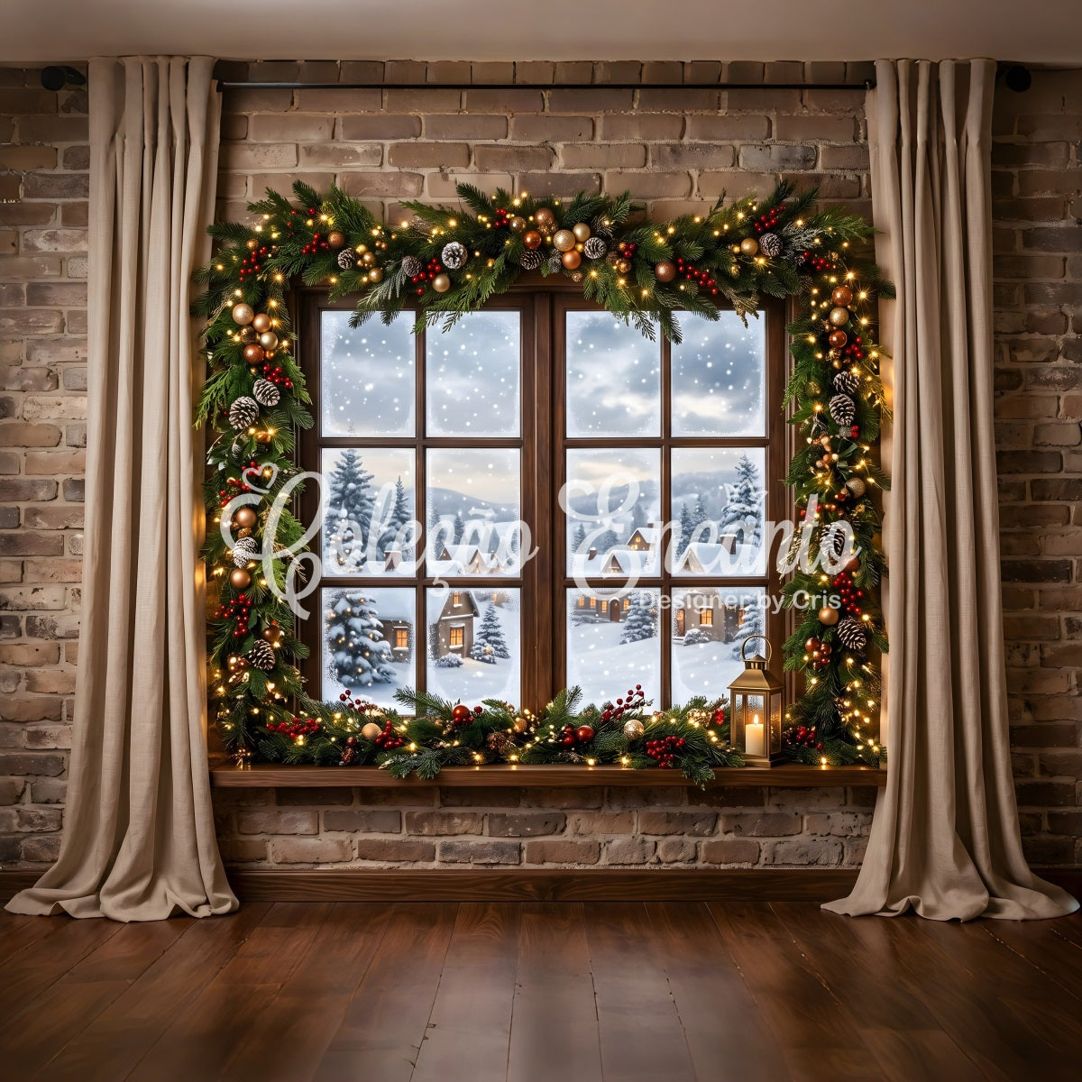 Christmas Snow Backdrop Snowy Village Window Garland Lantern Studio Backdrops Christmas Backdrop CEM65-144