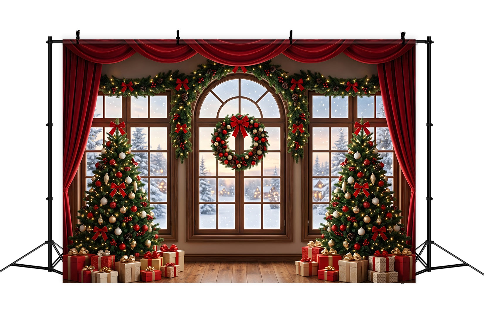 Red Christmas Backdrop Red Draped Window Wreath Trees Photography Christmas Backdrop CEM65-145