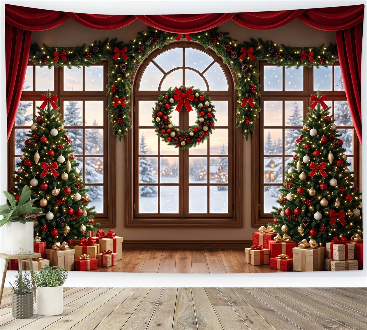Red Christmas Backdrop Red Draped Window Wreath Trees Photography Christmas Backdrop CEM65-145