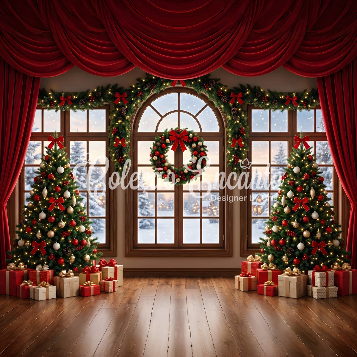 Red Christmas Backdrop Red Draped Window Wreath Trees Photography Christmas Backdrop CEM65-145