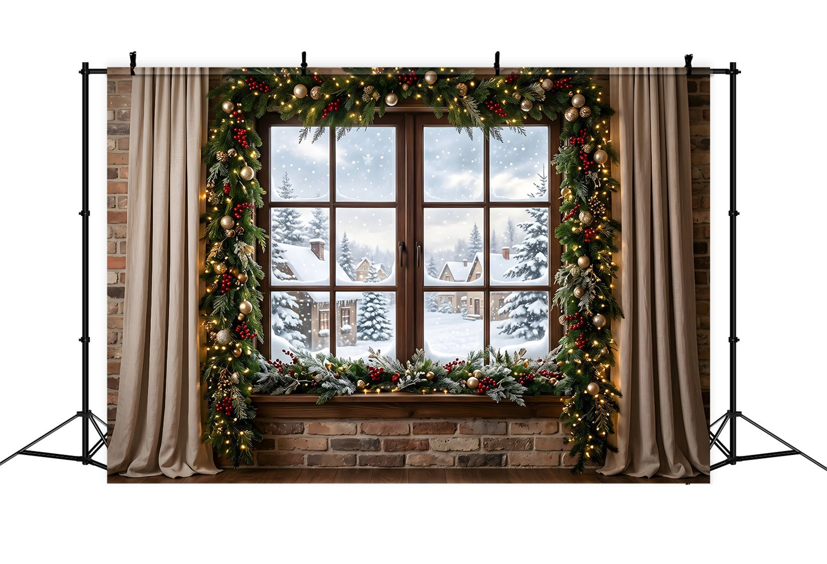Christmas Window Backdrop Snowy Village Window Garland Curtains Christmas Photobooth Backdrop CEM65-146