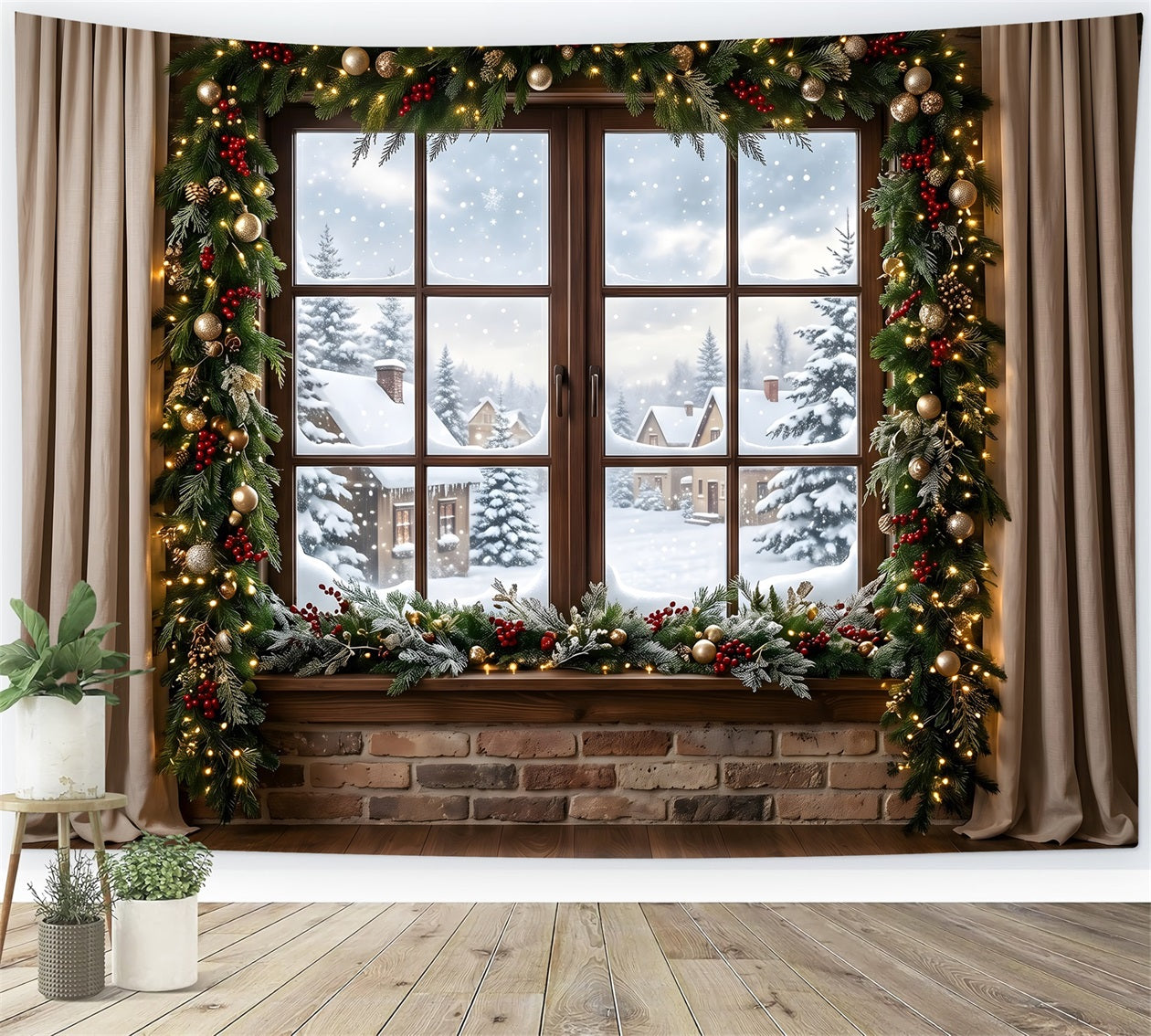 Christmas Window Backdrop Snowy Village Window Garland Curtains Christmas Photobooth Backdrop CEM65-146