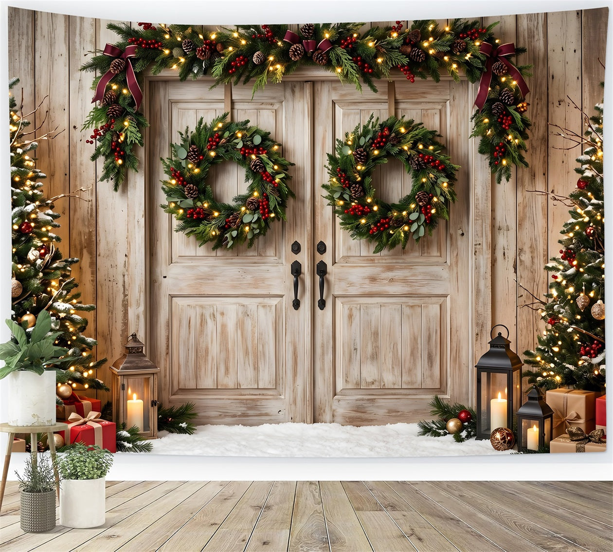 Rustic Christmas Backdrop Rustic Double Doors Wreath Trees Christmas Backdrop For Photoshoot CEM65-147