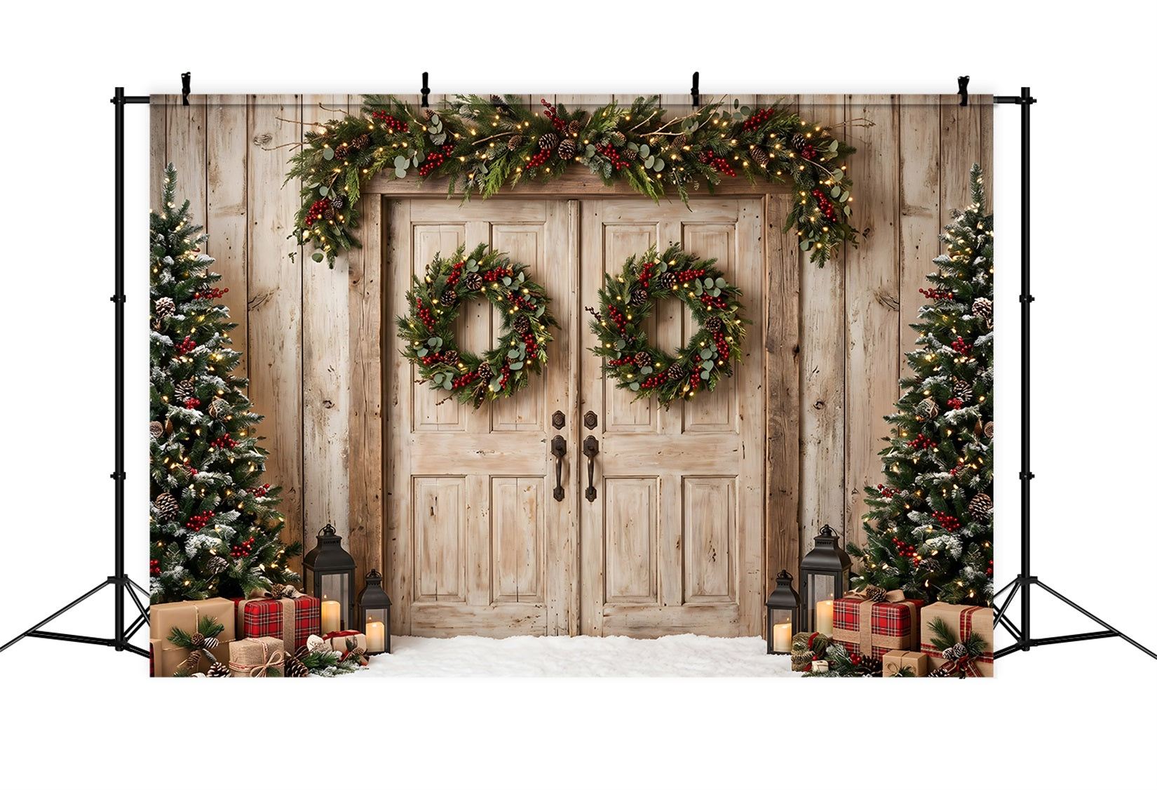 Christmas Barn Door Backdrop Weathered Wood Doors Plaid Gifts Backdrop Christmas Photo Booth CEM65-148