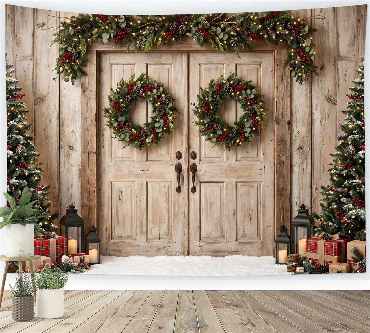 Christmas Barn Door Backdrop Weathered Wood Doors Plaid Gifts Backdrop Christmas Photo Booth CEM65-148