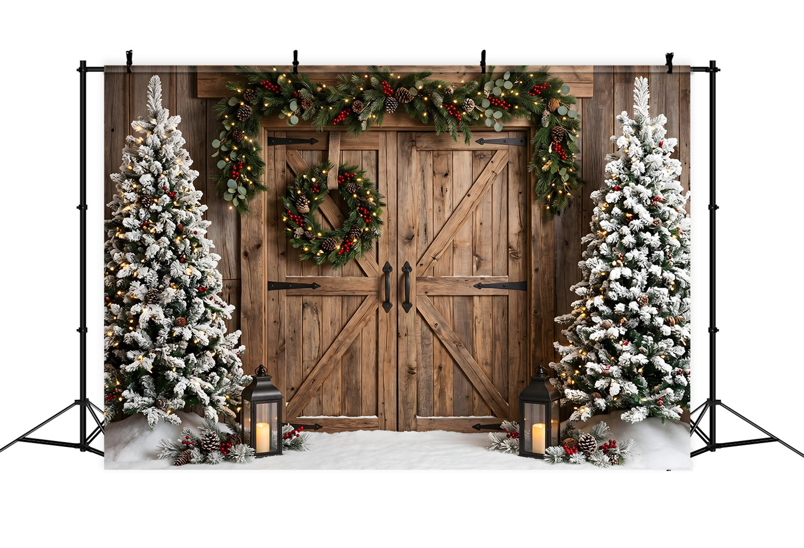 Rustic Christmas Backdrop Snowy Barn Doors Wreath Trees Christmas Studio Backdrop CEM65-149