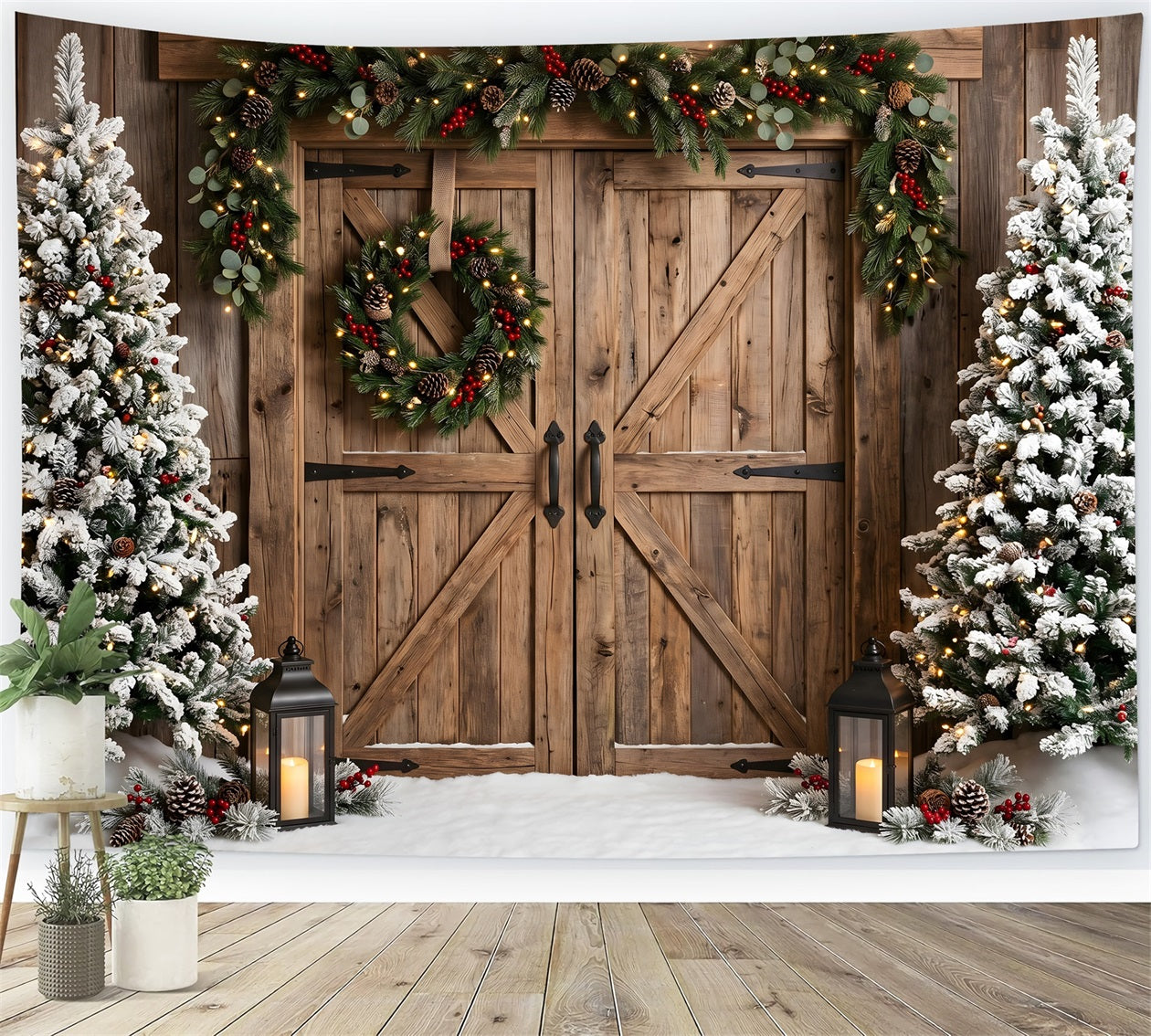 Rustic Christmas Backdrop Snowy Barn Doors Wreath Trees Christmas Studio Backdrop CEM65-149