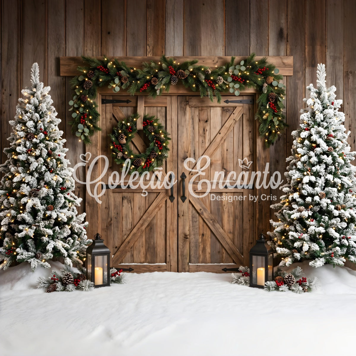 Rustic Christmas Backdrop Snowy Barn Doors Wreath Trees Christmas Studio Backdrop CEM65-149