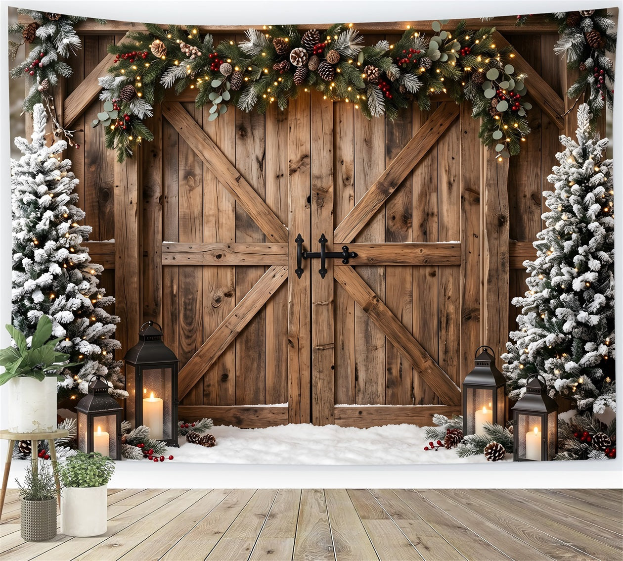 Winter Christmas Backdrop Rustic Barn Gate Garland Lanterns Christmas Backdrop Photoshoot CEM65-150