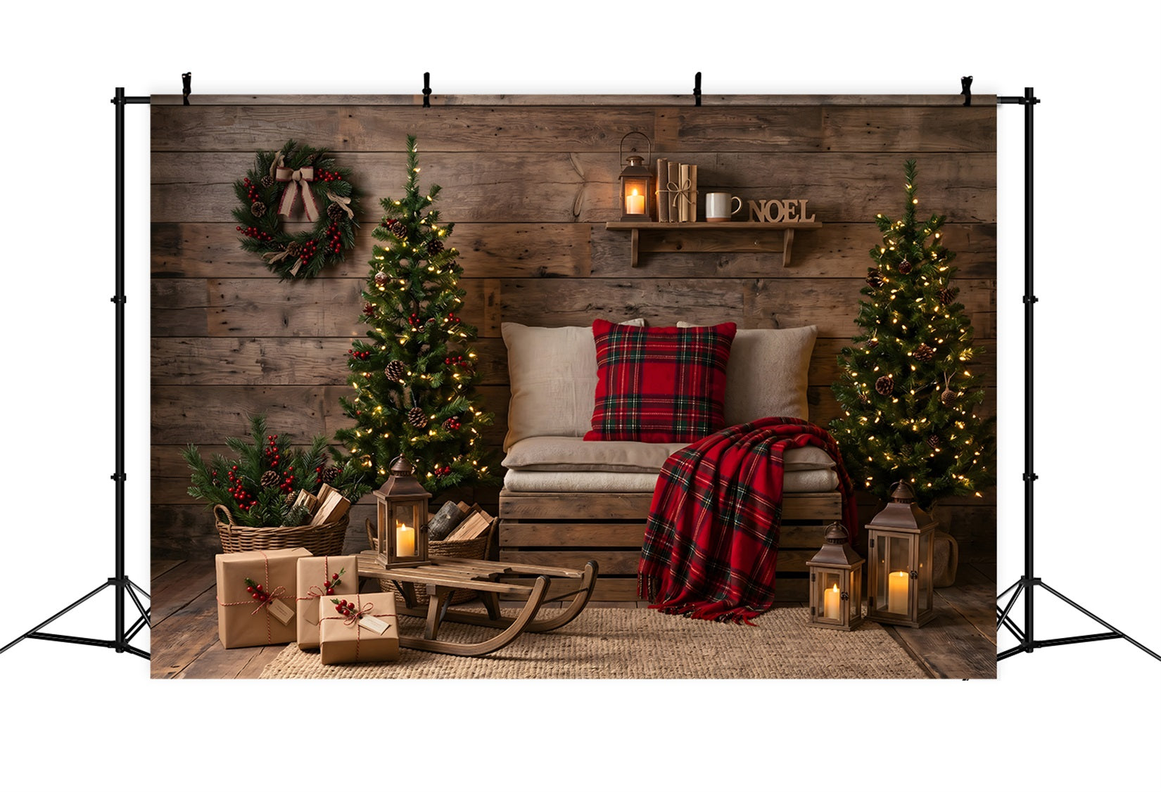 Simple Christmas Backdrop Cozy Plaid Cabin Sled Corner Best Christmas Photo Backdrops CEM65-151