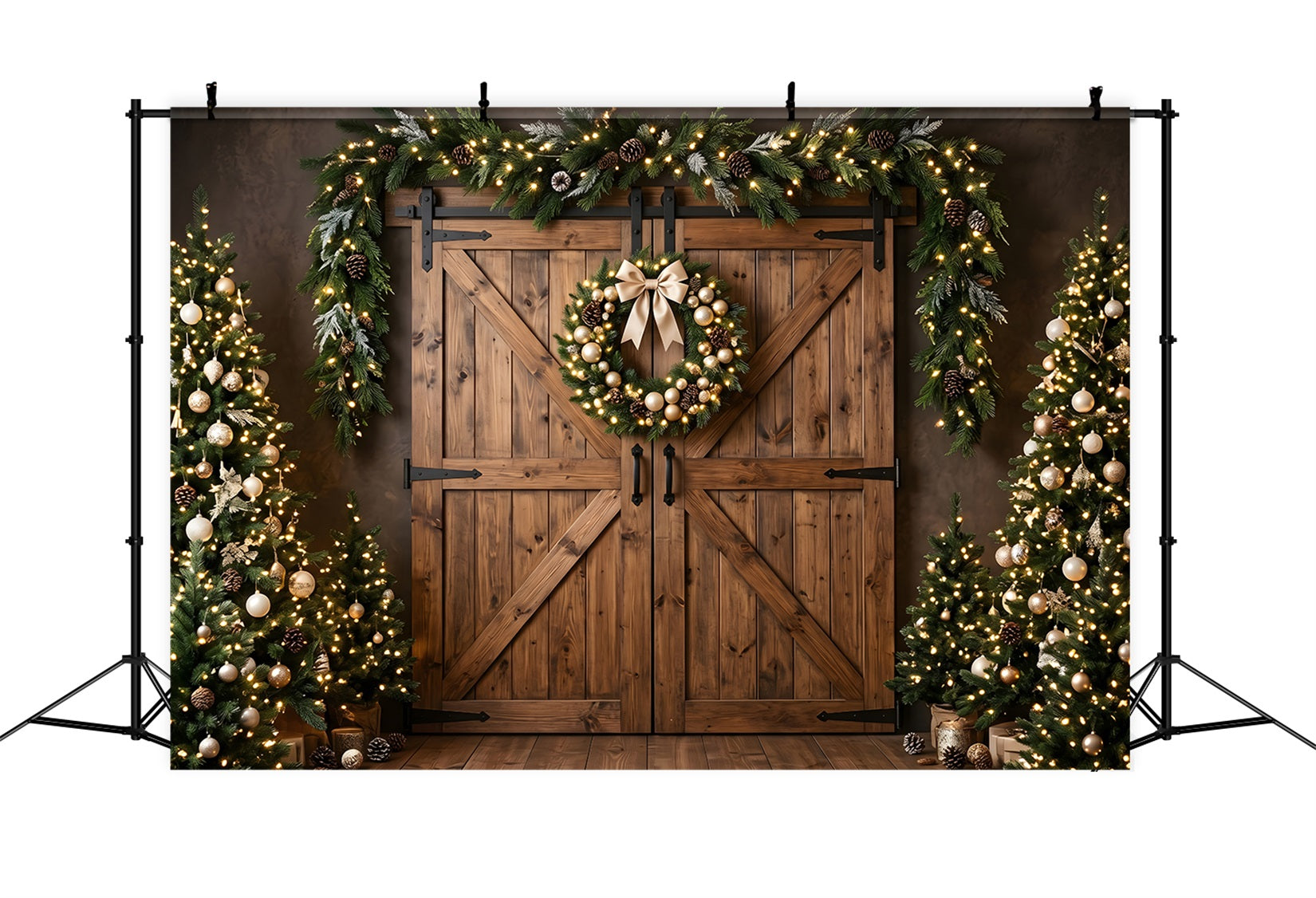 Christmas Barn Door Backdrop Golden Wreath Barn Doors Trees Photography Backdrop Christmas CEM65-152