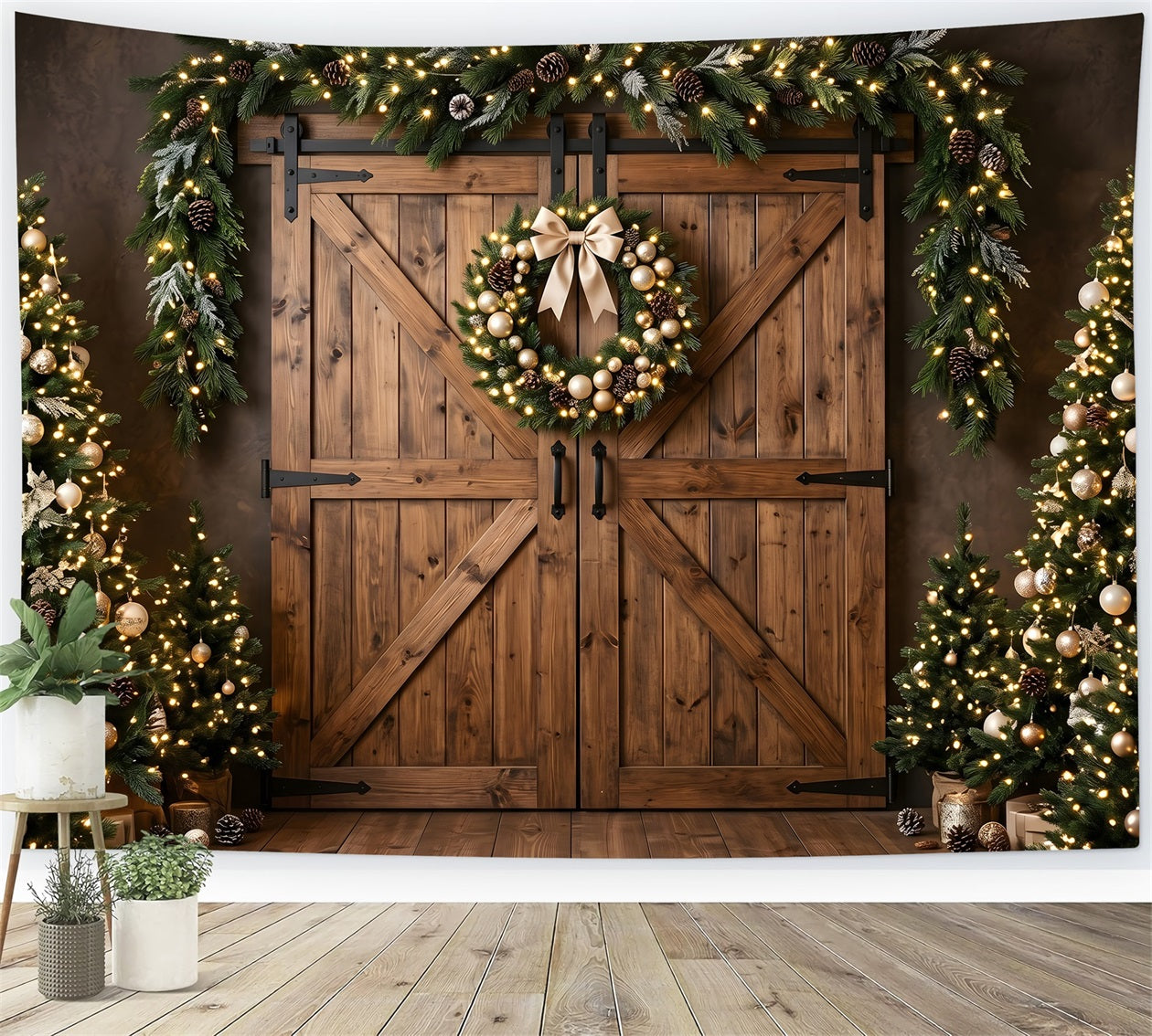 Christmas Barn Door Backdrop Golden Wreath Barn Doors Trees Photography Backdrop Christmas CEM65-152
