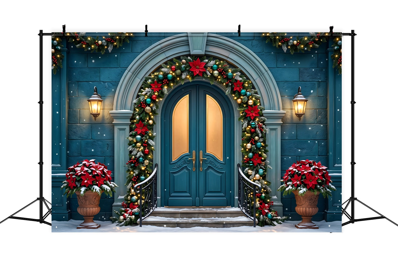 Christmas Backdrop Teal Arched Door Poinsettia Garland Christmas Photo Booth Backdrops CEM65-153