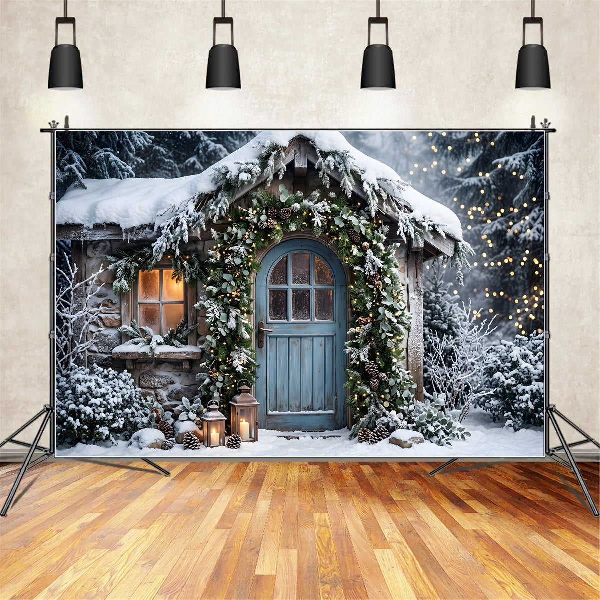 Cozy Christmas Backdrop Snowy Cottage Blue Door Garland Christmas Backdrops CEM65-155