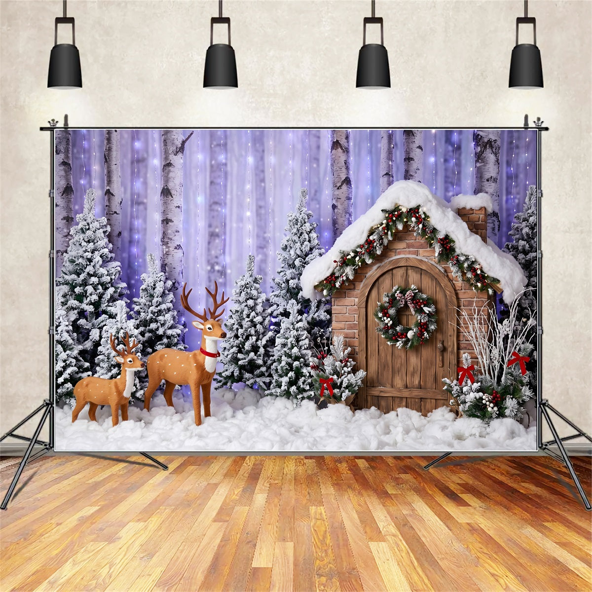 Christmas Forest Backdrop Purple Birch Forest Deer Cottage Christmas Photo Backdrop CEM65-156