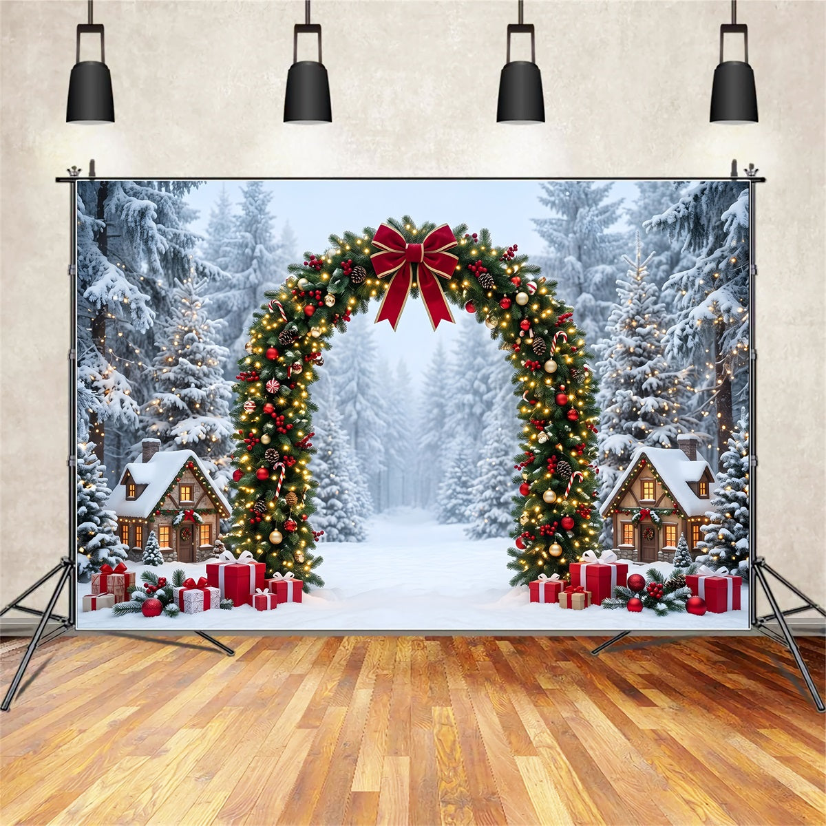 Winter Wonderland Christmas Backdrop Snowy Forest Garland Village Arch Christmas Backdrop Ideas CEM65-158