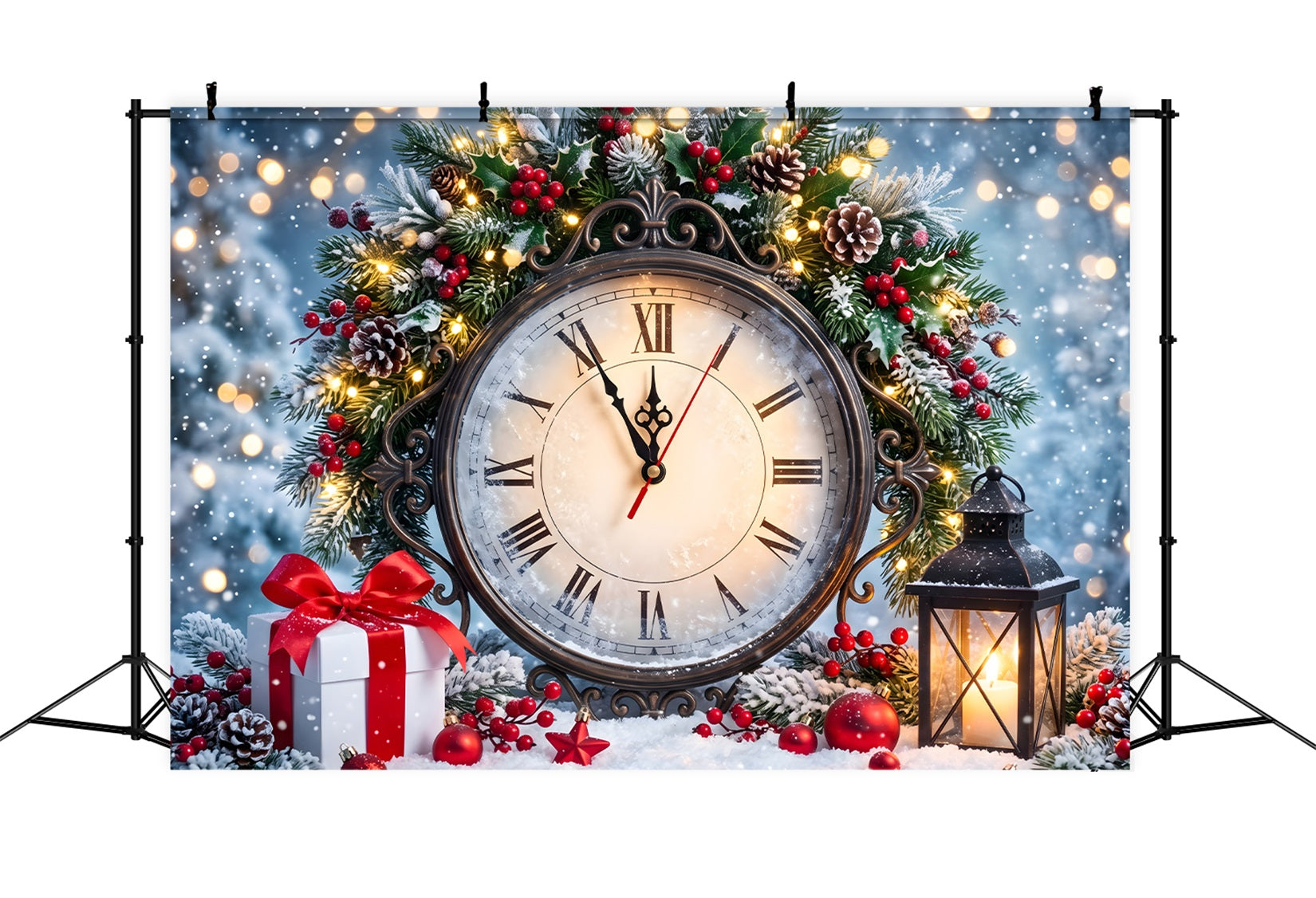 Christmas Photobooth Backdrop Vintage Roman Clock Holly Lantern Christmas Photo Backdrops CEM65-159