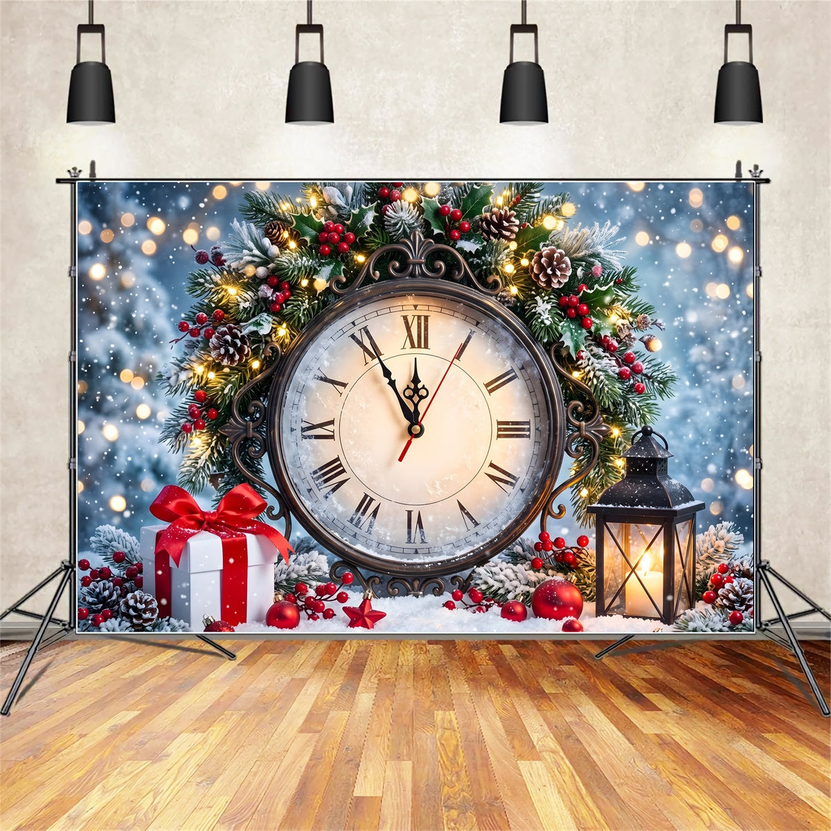 Christmas Photobooth Backdrop Vintage Roman Clock Holly Lantern Christmas Photo Backdrops CEM65-159