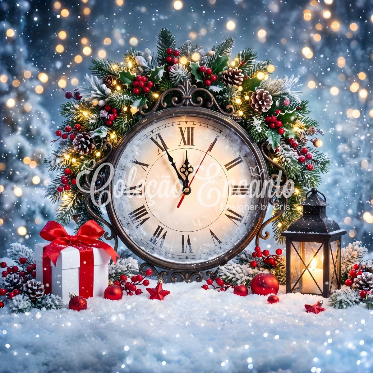 Christmas Photobooth Backdrop Vintage Roman Clock Holly Lantern Christmas Photo Backdrops CEM65-159