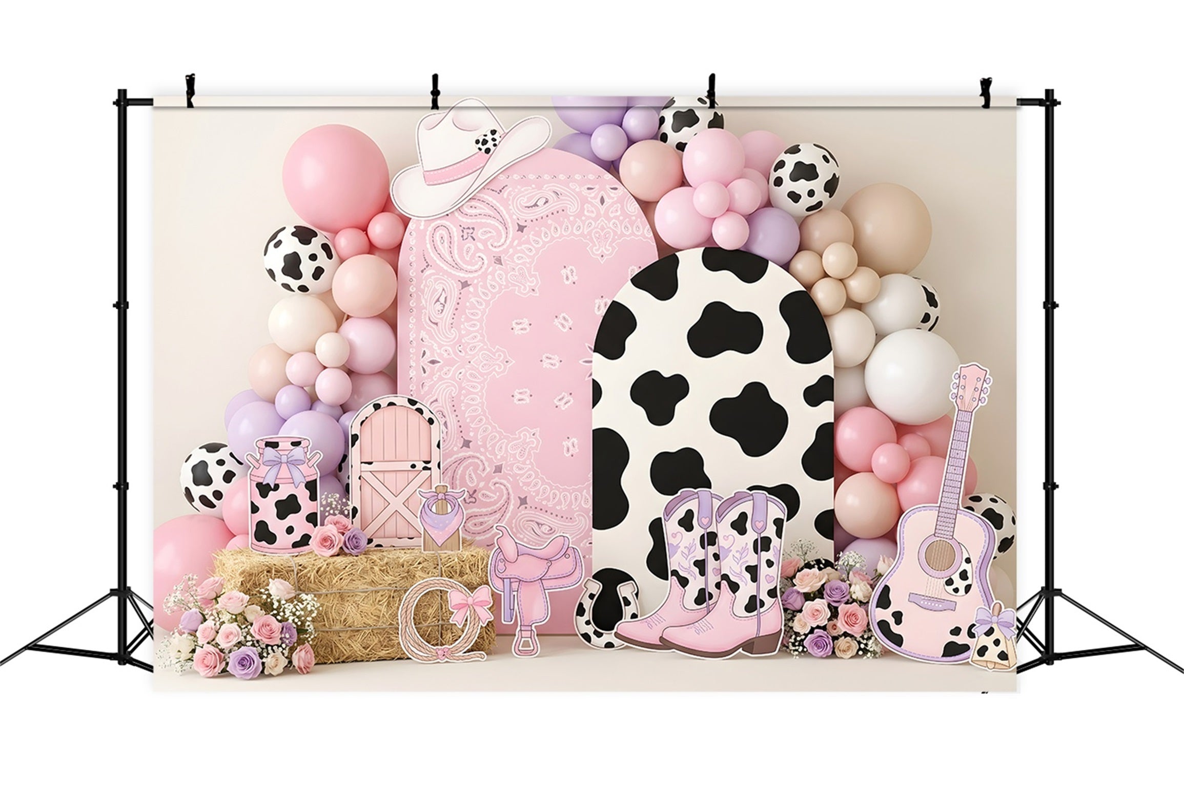 Newborn Fabric Backdrop Pink Cowgirl Cowprint Balloon Kids Photography Backdrops CEM65-16